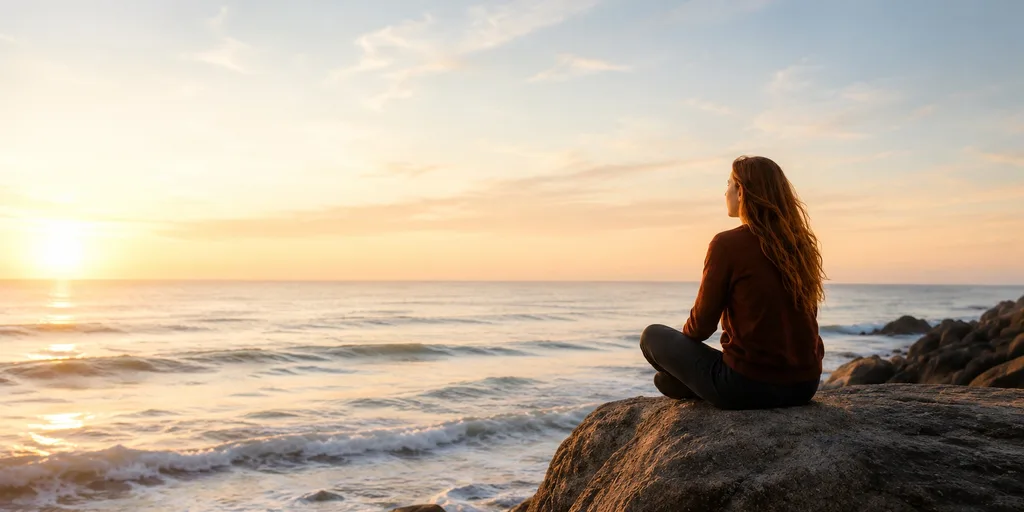 A woman sitting on a coastal rock at sunset, looking out over the ocean.